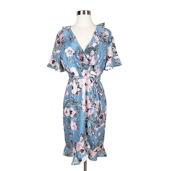 NWT Adrianna Papell Blue Short Sleeve Below Knee Party Fit Flare Dress Size 6 - Picture 1 of 12